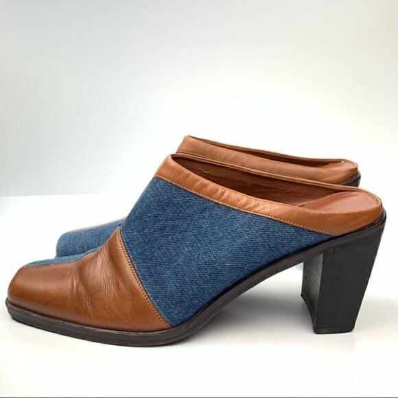 Worthington Napa heels size 8 cognac leather denim square toe mules western 90s - Picture 5 of 11